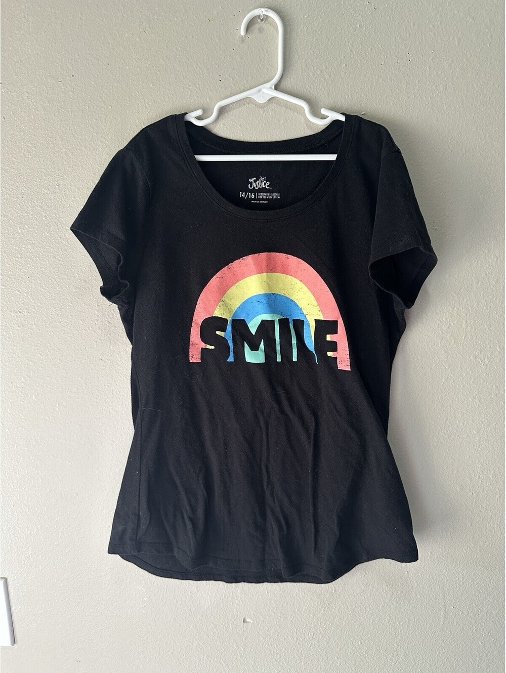 Justice Girls 14 Black Rainbow SMILE Graphic Print Crew Neck Short Sleeve Tee